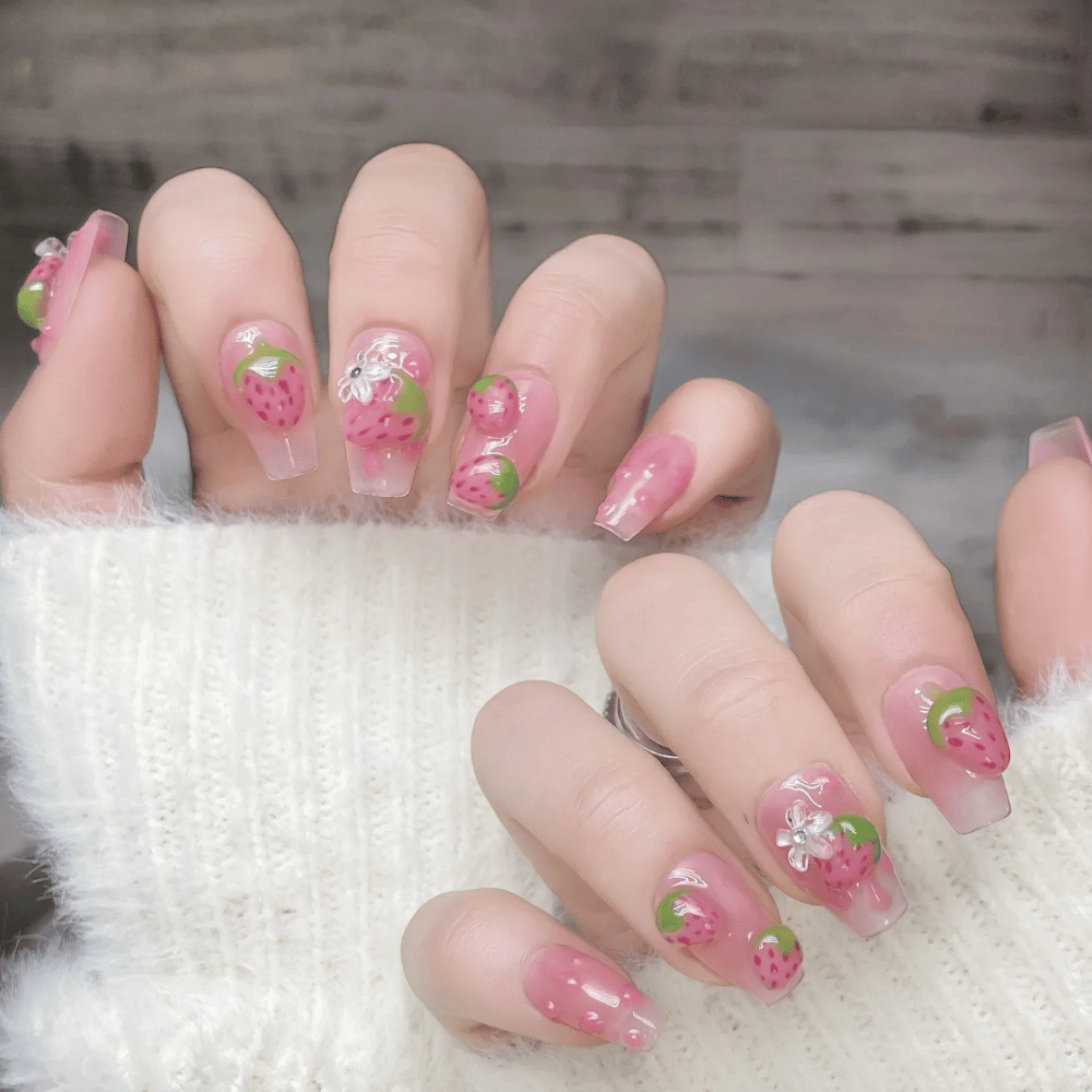 Cute Strawberry Fake Nails Set - Easy to Apply at Home