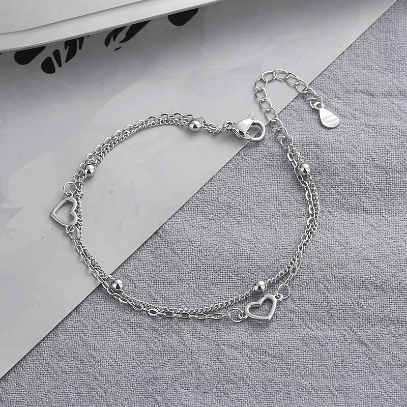 Silver Double Chain Heart Bracelet with Adjustable Size
