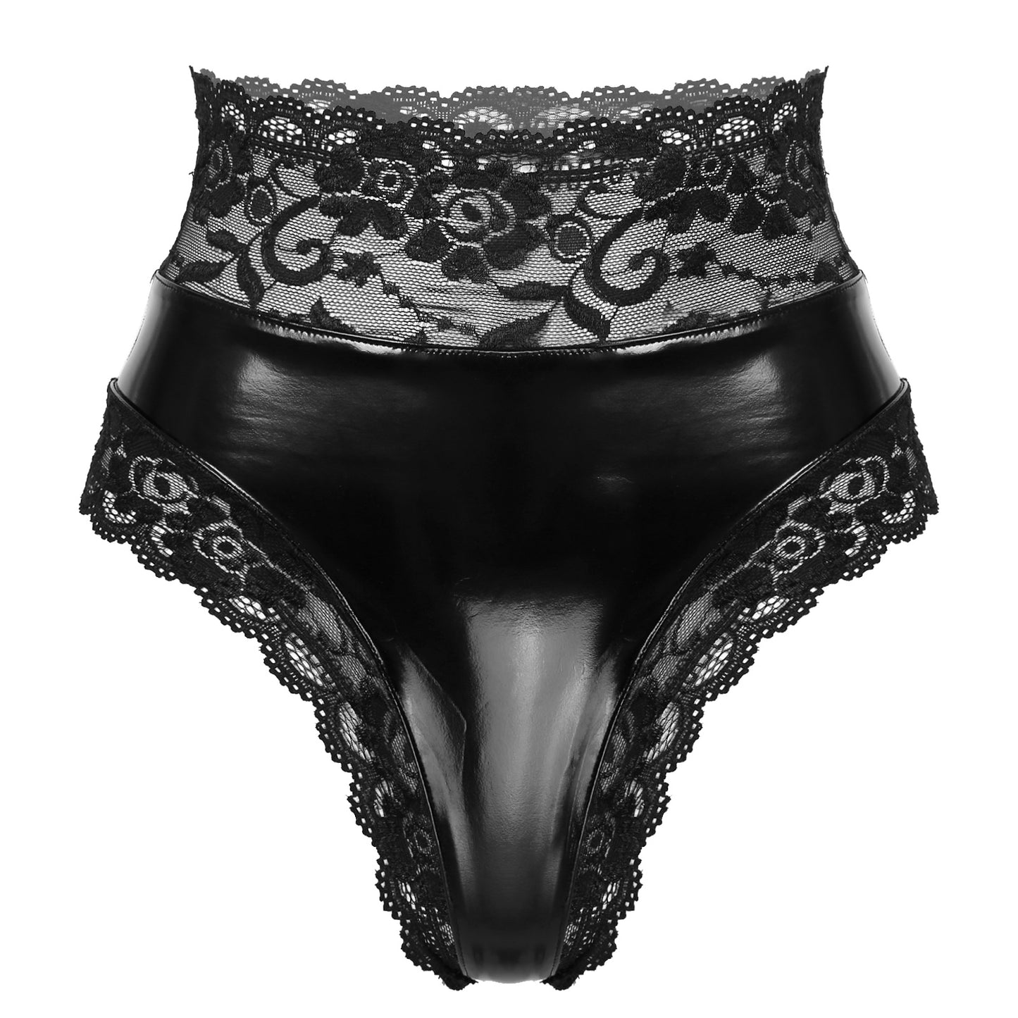 Front view of black lace and faux leather panties, perfect for femboys.