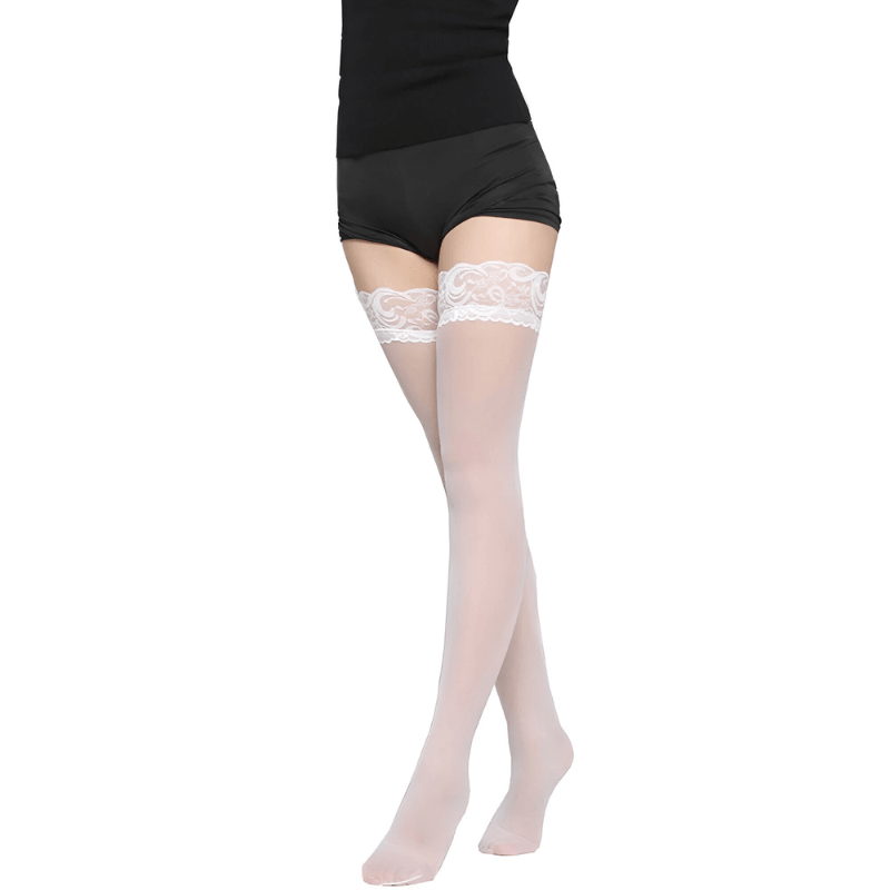 White luxurious long lace stockings, stylish feminine hosiery for men