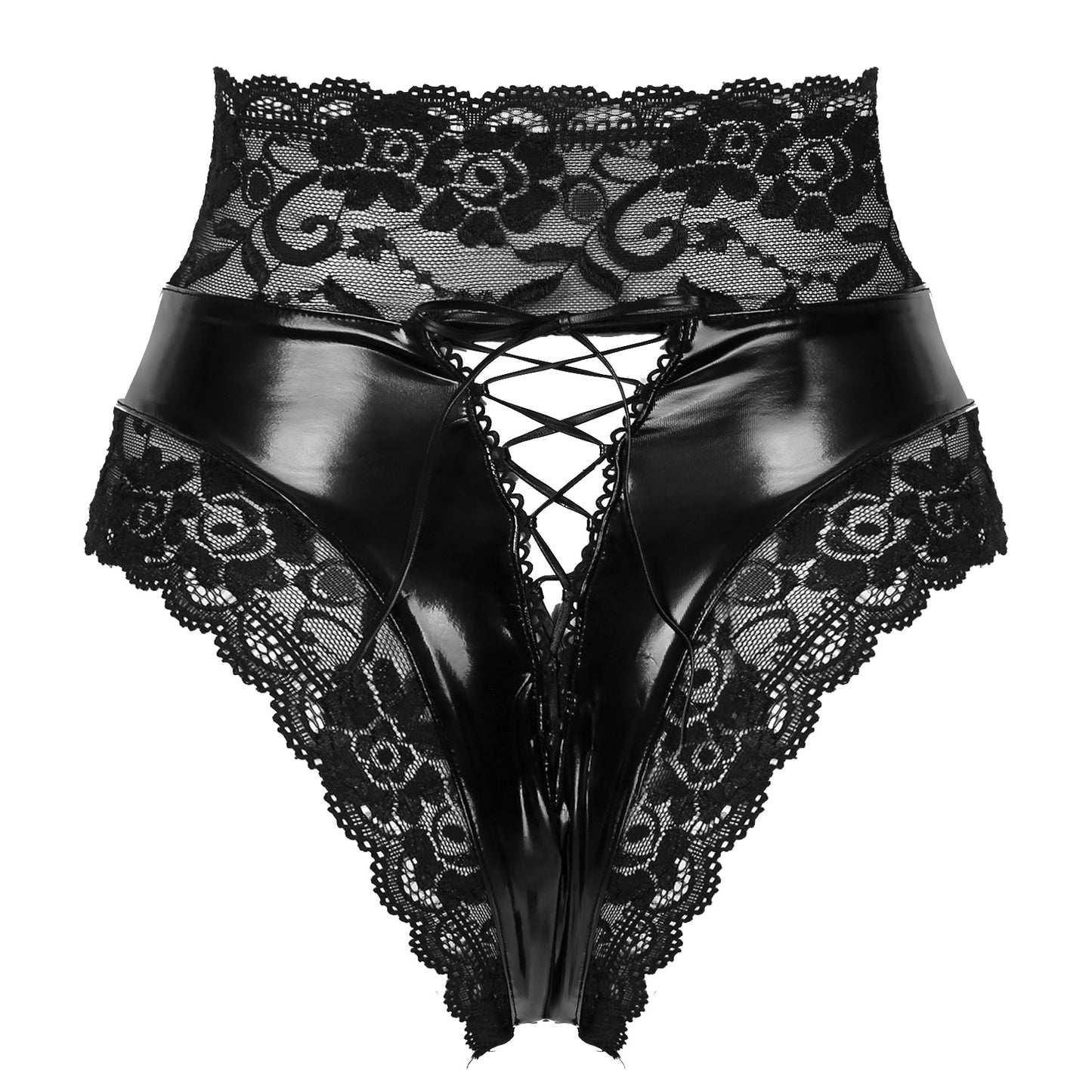 Back view of black lace and faux leather panties for a sleek style.