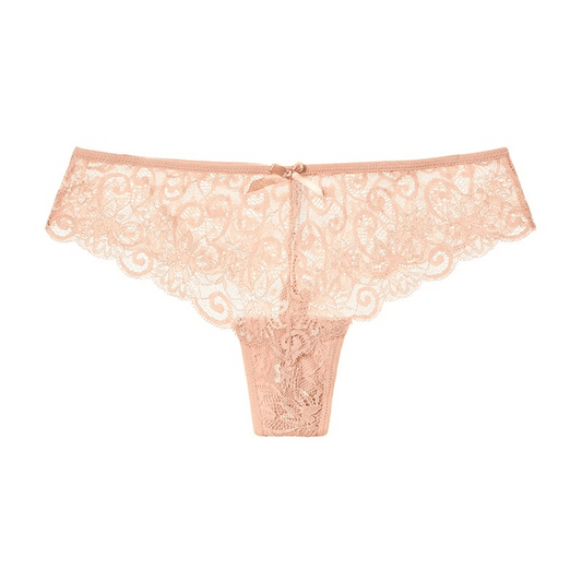 Beige lace panties with a cute bow, stylish and feminine design for femboys.