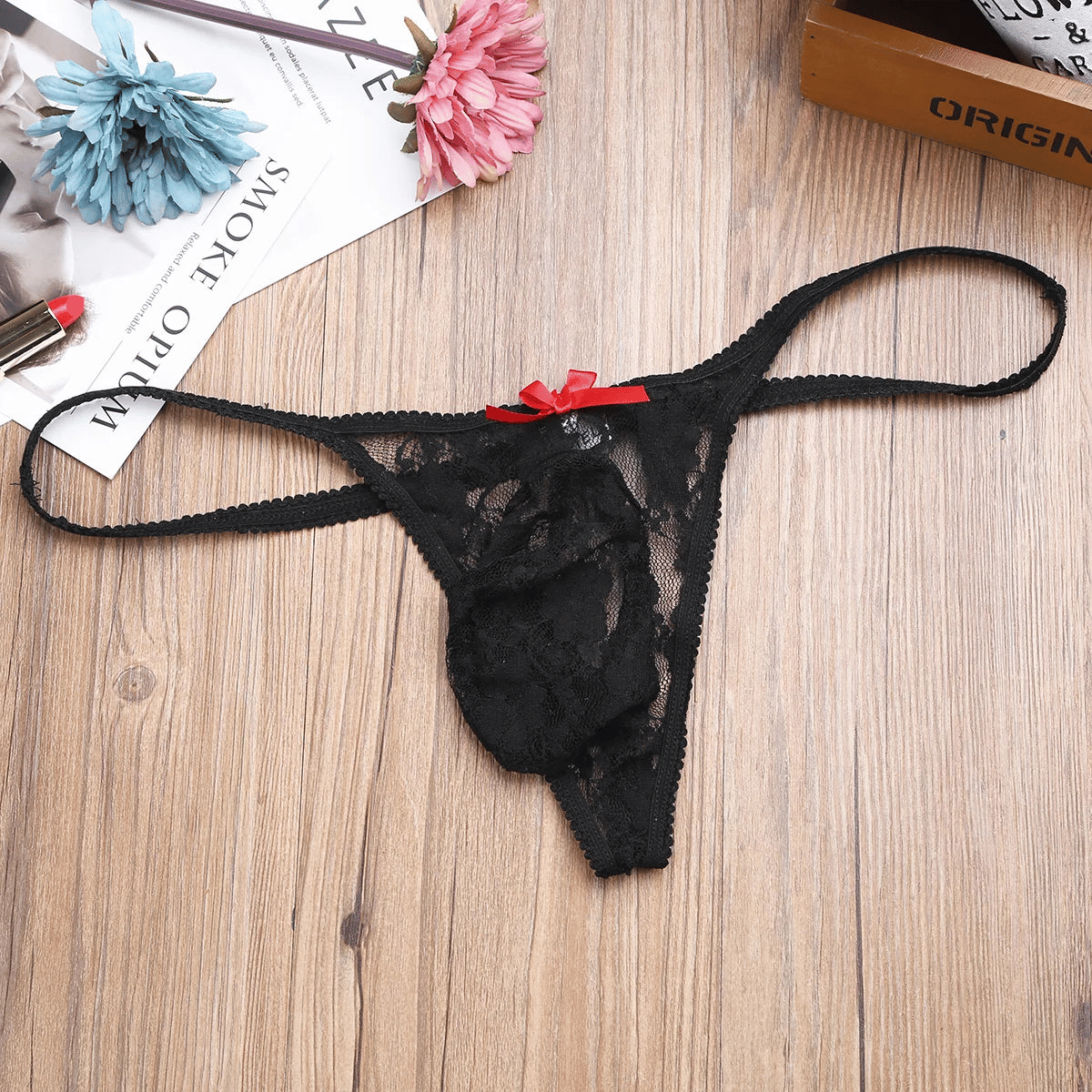 Comfort Lace Panties in Black for femboys with red bow