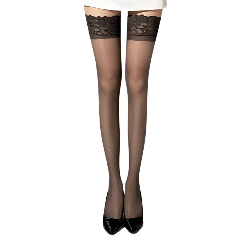 Black extra long lace stockings, elegant legwear for femboys
