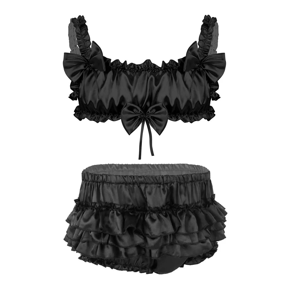 black Bowknot Satin Panties and Bra Set
