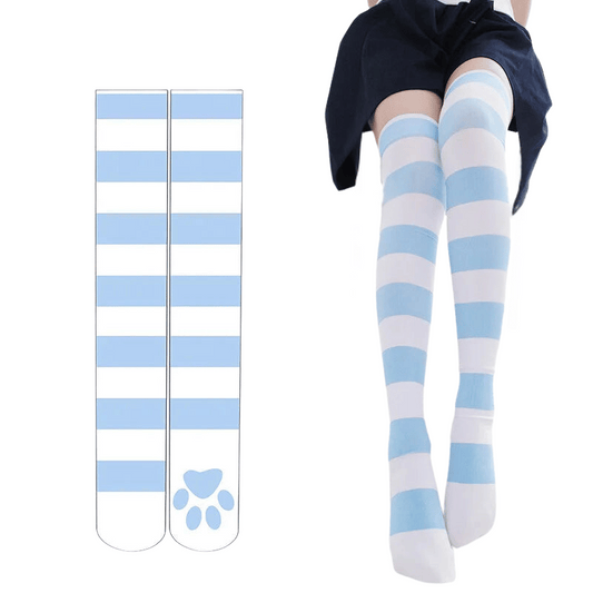 Kawaii Cat Paw Striped Over-the-Knee Socks