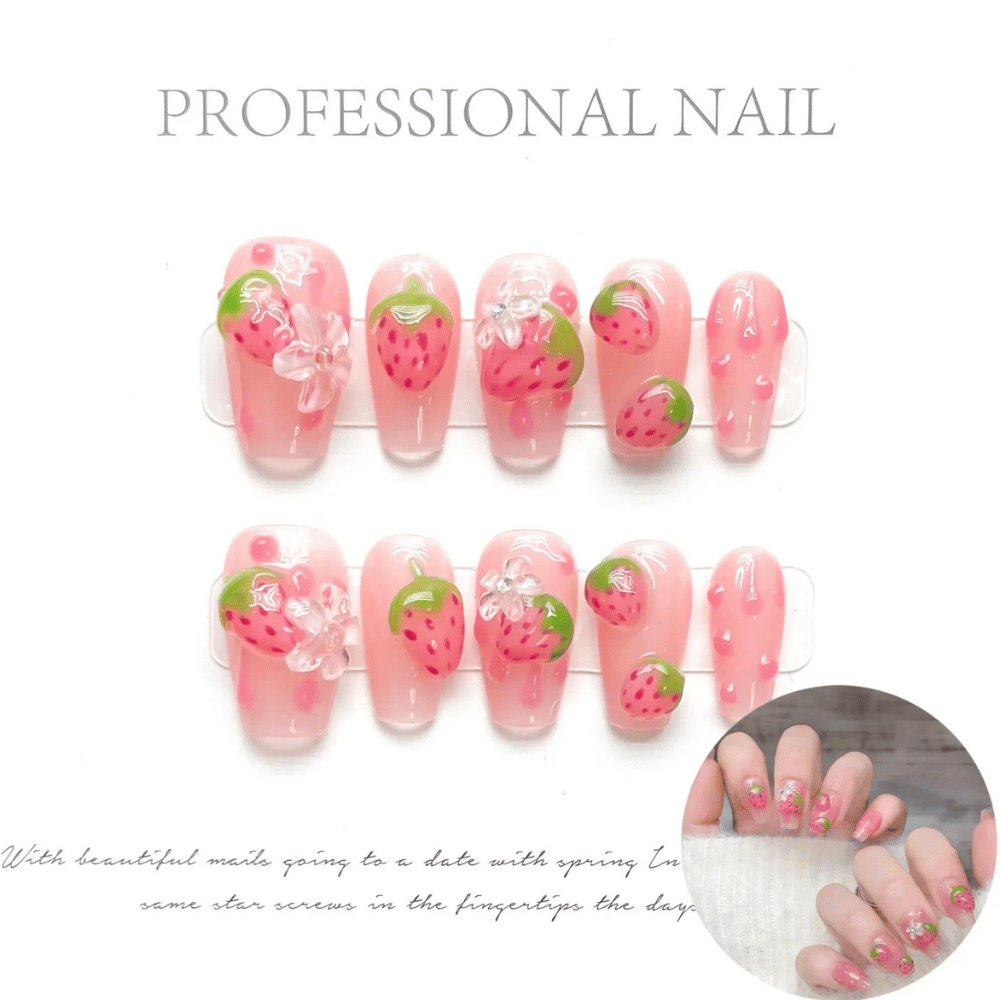 Cute Strawberry Fake Nails Set - Easy to Apply at Home