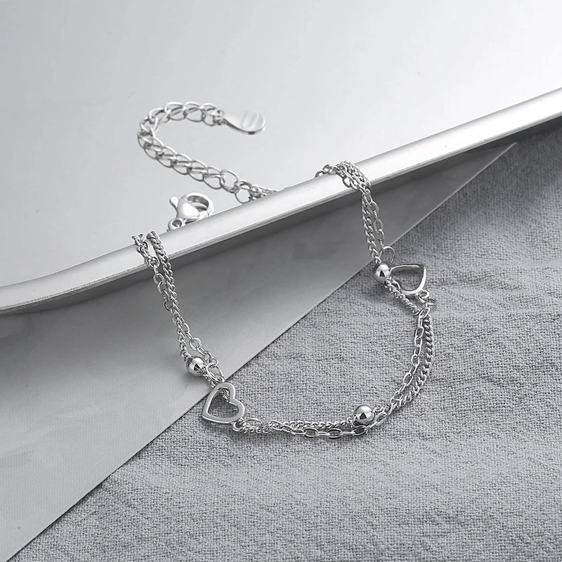 Silver Double Chain Heart Bracelet with Adjustable Size