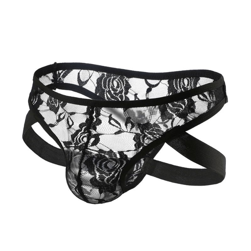 Black elegant floral lace underwear for men, featuring a classic design and delicate floral detailing."