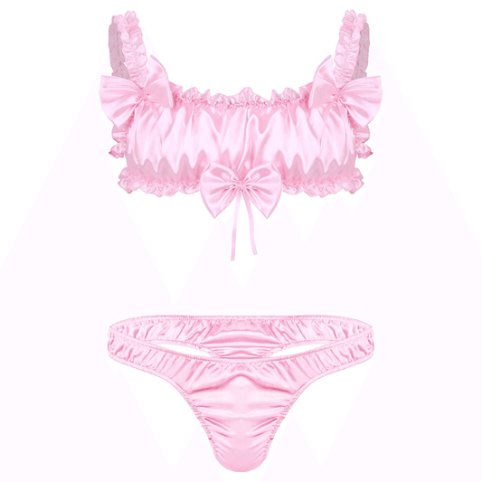 set lingerie bra and panties in pink satin for femboy