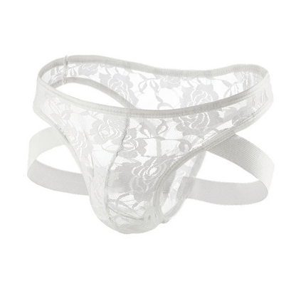 White elegant floral lace underwear for femboys, showcasing a classic style with intricate floral accents.